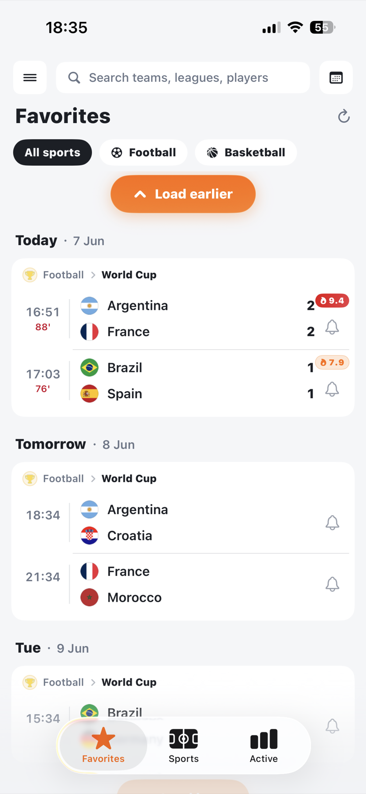 Favorites feed grouped by date with World Championship matches and drama scores
